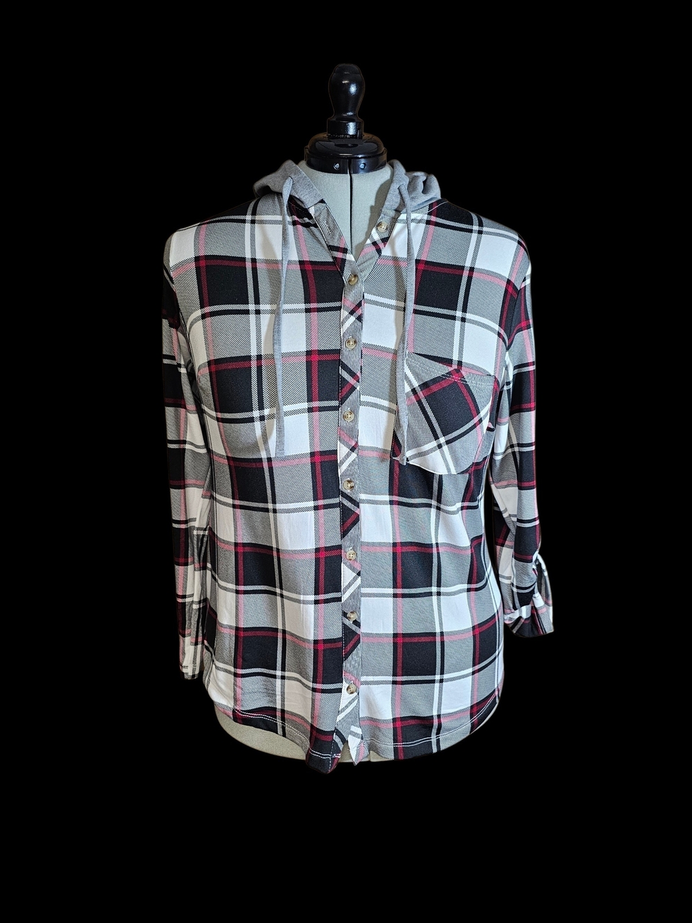 Plaid Hooded Button-Front Shirt Jacket in Black, White & Red